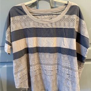 Free People We The Free Blue and Cream Lace Stripe Tee sz Small